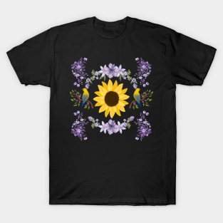 Sunflower, Purple Flowers, and Birds T-Shirt